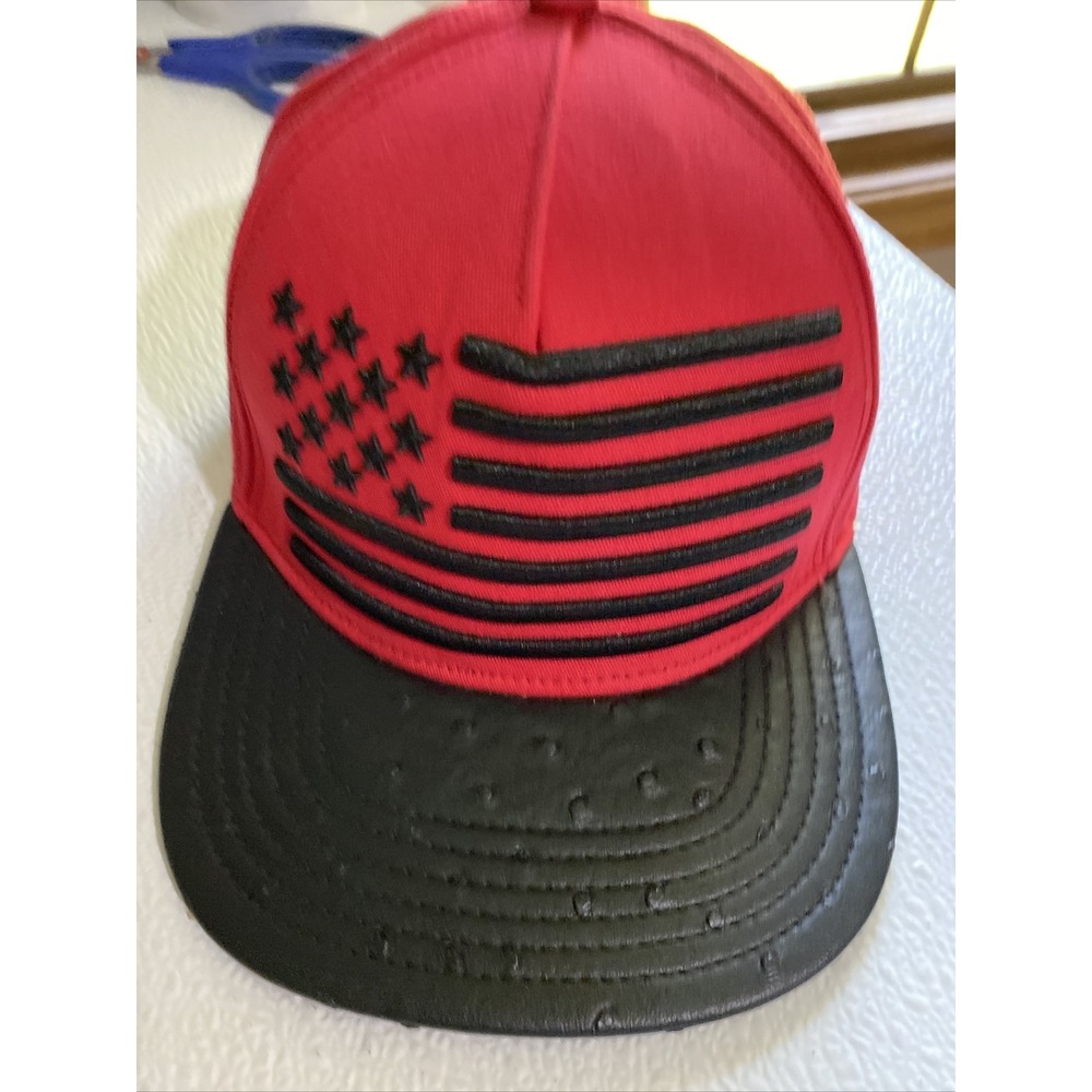 Cayler Sons Mens Snapback Hat Red Black American Flag Faux Ostrich Leather Brim